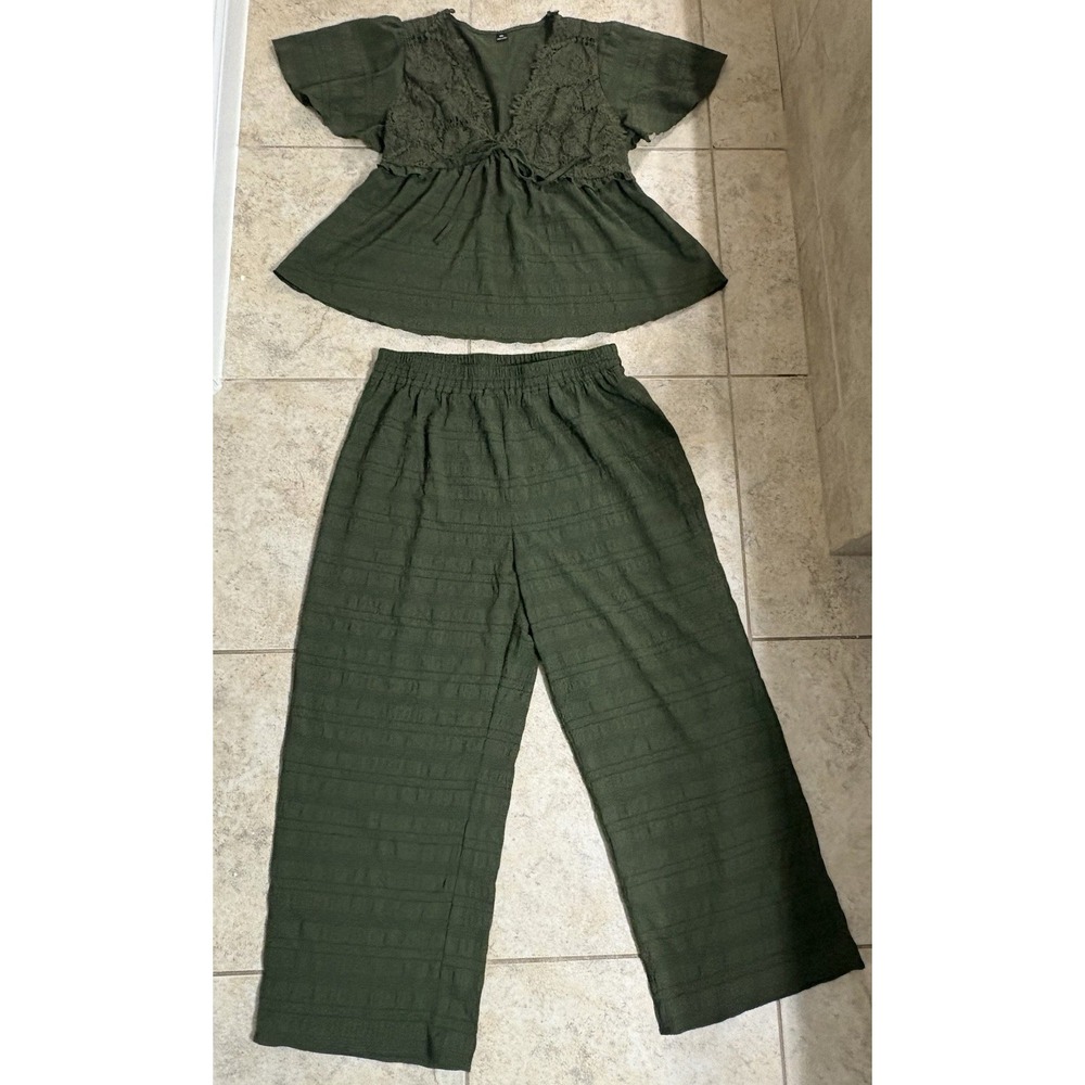SHEIN Olive Green Lace Trim Peplum Top and Wide Leg Pants Set Size 1XL